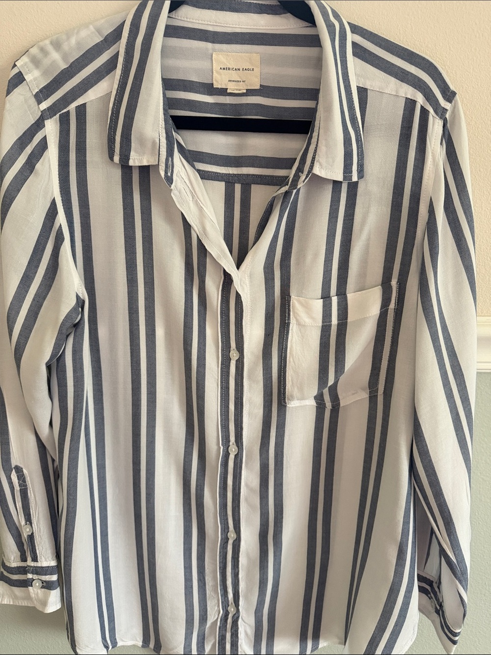 American Eagle Outfitters White and Navy Vertical Stripe Button-Down Blouse